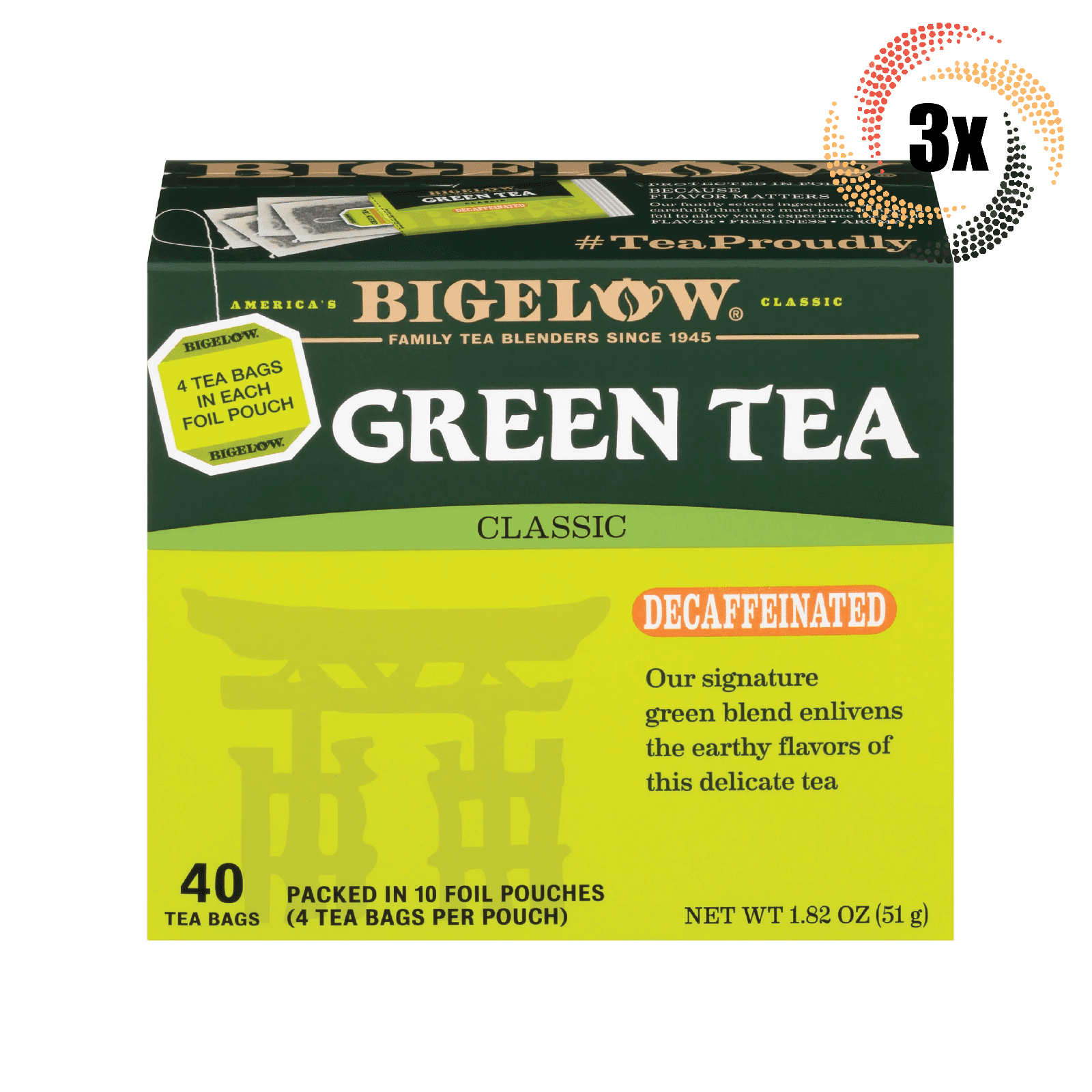 3x Boxes Bigelow Classic Decaffeinated Green Tea | 40 Tea Bags Per Box | 1.82oz