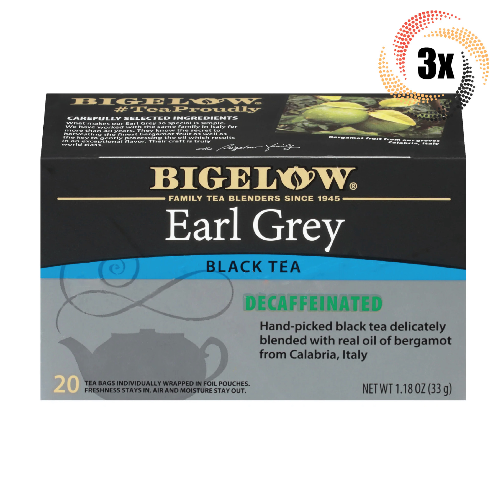 3x Boxes Bigelow Earl Grey Decaffeinated Black Tea 20 Pouches Per Box