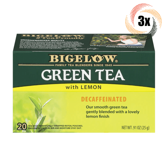 3x Boxes Bigelow Natural Green Tea With Lemon Decaffeinated | 20 Per Box | .91oz