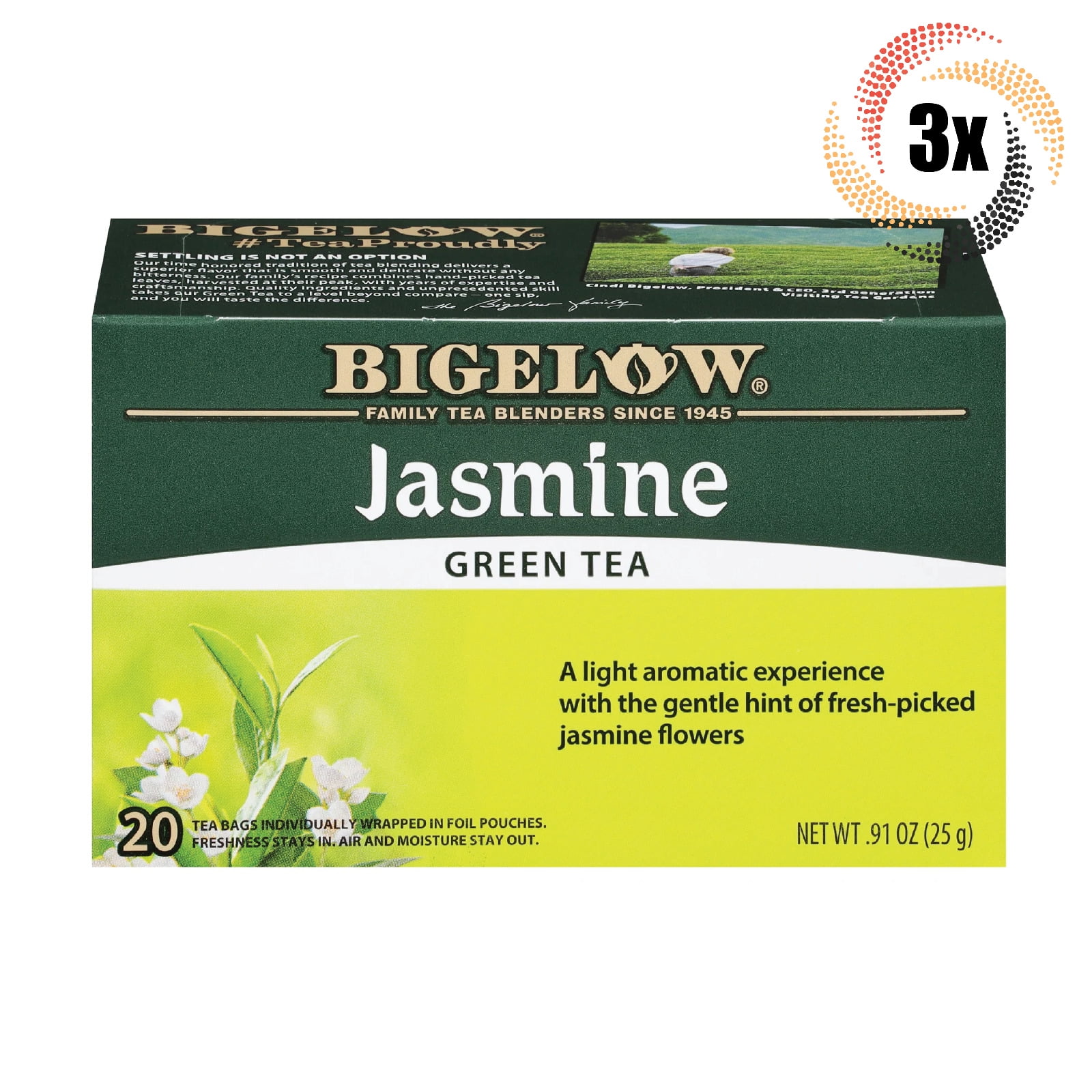 3x Boxes Bigelow Natural Jasmine Green Tea - 20 Pouches Per Box - .91oz