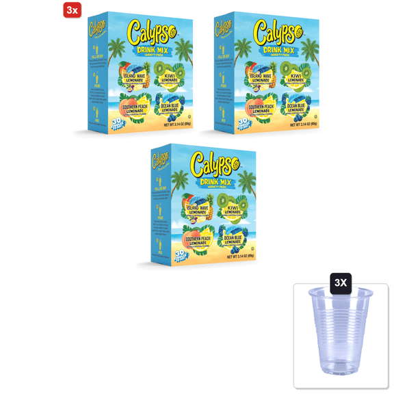 3x | Calypso Singles To Go! Drink Mix Variety Pack Lemonade Packets Water Enhancer Island Wave, Kiwi, Southern Peach, Ocean Blue Lemonade, 30 ct & 3x 16oz Plastic Cup with Strawless Sip-Lid