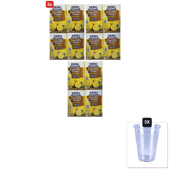 3x | Country Time Lemonade Sugar Free On The Go! 6 Packets Powder (Pack Of 4) Gluten Free & 3x 16oz Plastic Cup with Strawless Sip-Lid