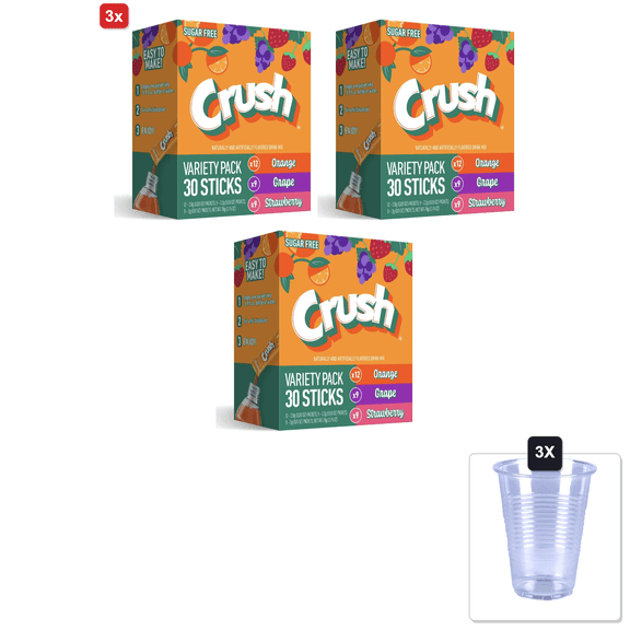 3x | Crush Singles Berry Punch. Grape, Orange To Go Sugar Free Drink Mix Variety Pack 2.64 Oz 30 Sticks & 3x 16oz Plastic Cup with Strawless Sip-Lid