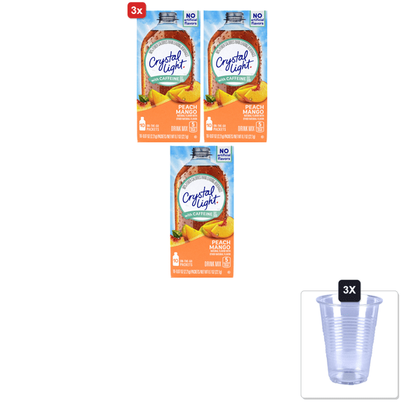 3x | Crystal Light On The Go Peach Mango With Caffeine Drink Mix, 10-Packet Box (Pack Of 8) & 3x 16oz Plastic Cup with Strawless Sip-Lid