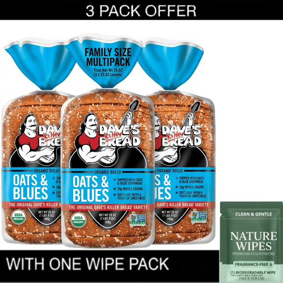 3x Dave's Killer Bread Organic Oats & Blues Regular Size Loaf, 25 oz, USDA Organic & Wipe Pack