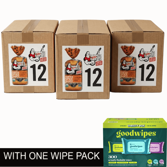 3x Dave's Killer Bread Pumpkin Spice Madness Bagels, Limited Edition Organic Bagels, 5 Count & Wipe Pack