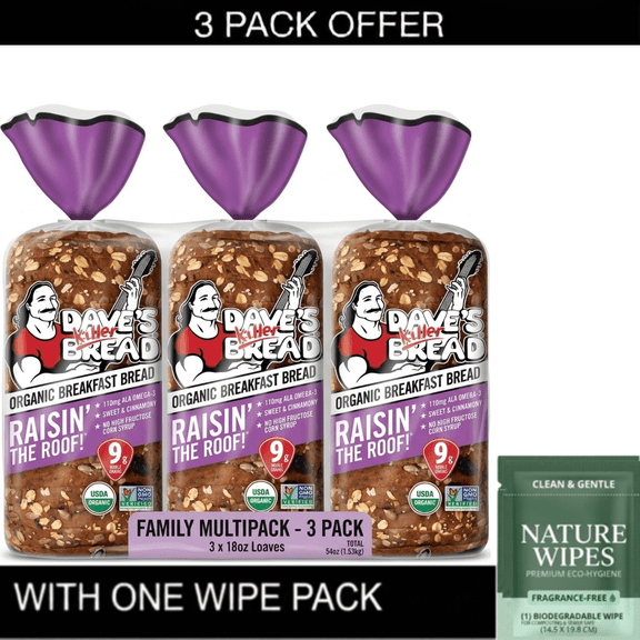 3x Dave's Killer Bread Raisin' The Roof! Organic Breakfast Bread, Cinnamon Raisin Loaf, 18 Oz & Wipe Pack
