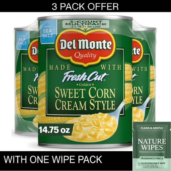 3x Del Monte Golden Sweet Cream Corn, Canned Vegetables, 14.75 oz Can & Wipe Pack