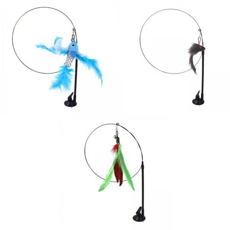 3x Feather Toy Long Rod W/ Suction Cup Teaser Toy Training Toy