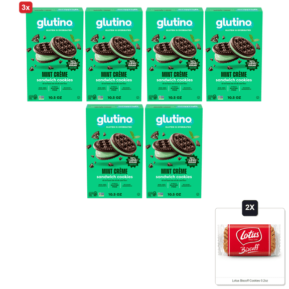 3x | Glutino Gluten Free Mint Flavored Sandwich Cookies, Gluten Free Snacks, 10.5 Oz. (Pack Of 2) & 2x Lotus Biscoff Cookies 0.2oz