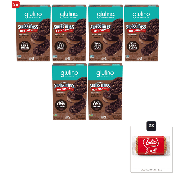 3x | Glutino Swiss Miss Gluten Free Hot Cocoa Flavored Sandwich Cookies, Gluten Free Snacks, 10.5 Oz. (Pack Of 2) & 2x Lotus Biscoff Cookies 0.2oz