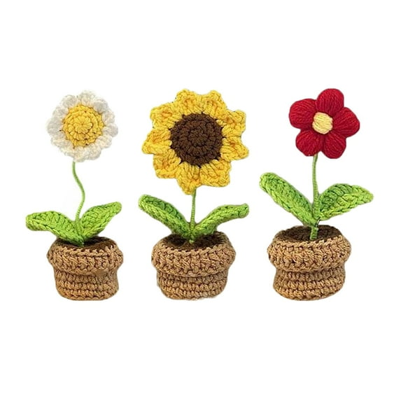 3x Hand Knitted Crochet Mini Potted