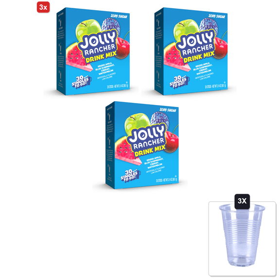 3x | Jolly Rancher Singles To Go Variety Pack, Zero Sugar, Includes 4 Flavors: Green Apple, Blue Raspberry, Cherry, Watermelon, 1 Box (30 Single) & 3x 16oz Plastic Cup with Strawless Sip-Lid