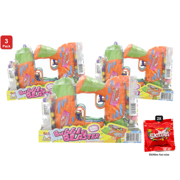 3x | Kidsmania Bubble Blaster Gumball Filled Squirt Gun, Candy-Filled Dispenser, 6 Packs x 1.05 oz Each, with 2 Skittles Fun Size
