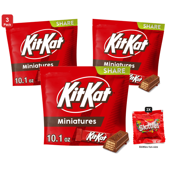 3x | Kit Kat Miniatures Milk Chocolate Wafer Candy Share Pack, 10.1 oz, with 2 Skittles Fun Size