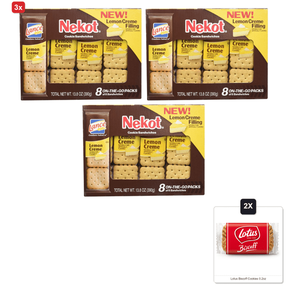 3x | Lance Nekot Cookie Sandwiches Lemon Creme Filling 8 Count (Pack Of 3) & 2x Lotus Biscoff Cookies 0.2oz