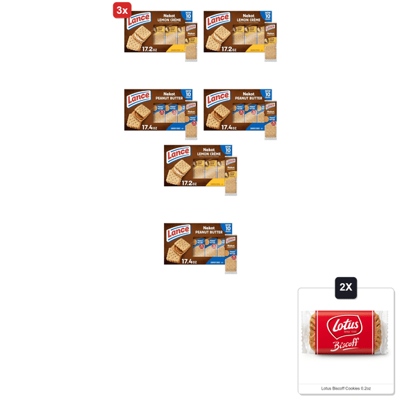 3x | Lance Sandwich Cookies, Nekot Lemon Crme & Nekot Peanut Butter, 10 Individually Wrapped Packs, 6 Sandwiches Each & 2x Lotus Biscoff Cookies 0.2oz