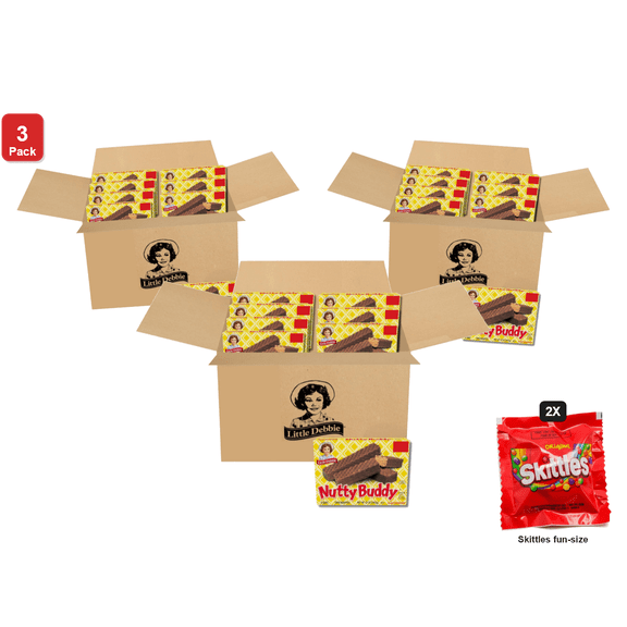 3x | Little Debbie Nutty Buddy Wafers, 96 Twin-Wrapped Bars, 8 Packs, with 2 Skittles Fun Size