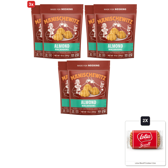 3x | Manischewitz Almond Macaroons, 10 Oz (2 Pack) | Coconut Macaroons | Resealable Bag | Dairy Free | Gluten Free Coconut Cookie | Kosher For Passover & 2x Lotus Biscoff Cookies 0.2oz