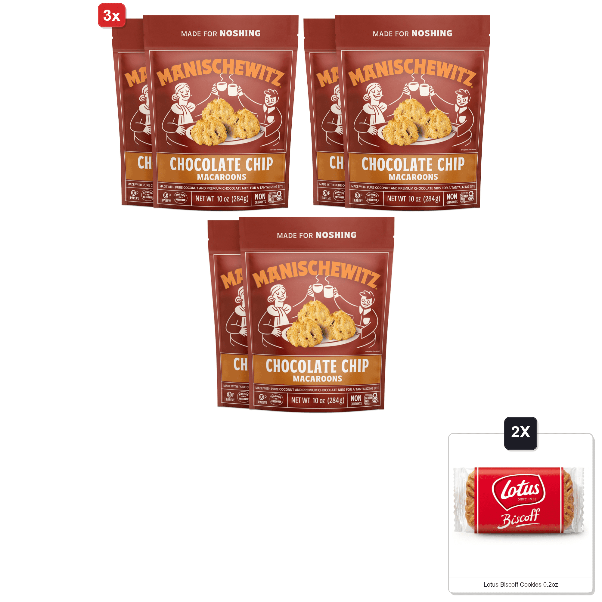 3x | Manischewitz Macaroon Chocolate Chip Cookie, 10 Oz (2 Pack) | Coconut Macaroons | Resealable Bag | Dairy Free | Gluten Free Coconut Cookie & 2x Lotus Biscoff Cookies 0.2oz
