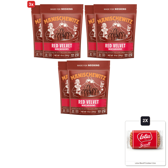 3x | Manischewitz Red Velvet Macaroons, 10 Oz (2 Pack) | Coconut Macaroons | Resealable Bag | Dairy Free | Gluten Free Coconut Cookie | Kosher For Passover & 2x Lotus Biscoff Cookies 0.2oz