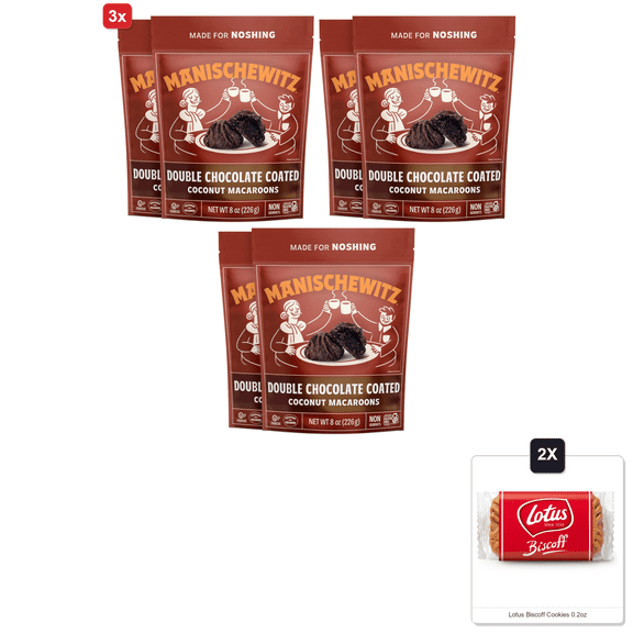3x | Manishewitz, Double Chocolate Coated Coconut Macaroons 8Oz (2 Pack) Resealable Bag, Dairy Free, Gluten Free, Kosher (Including Passover) & 2x Lotus Biscoff Cookies 0.2oz