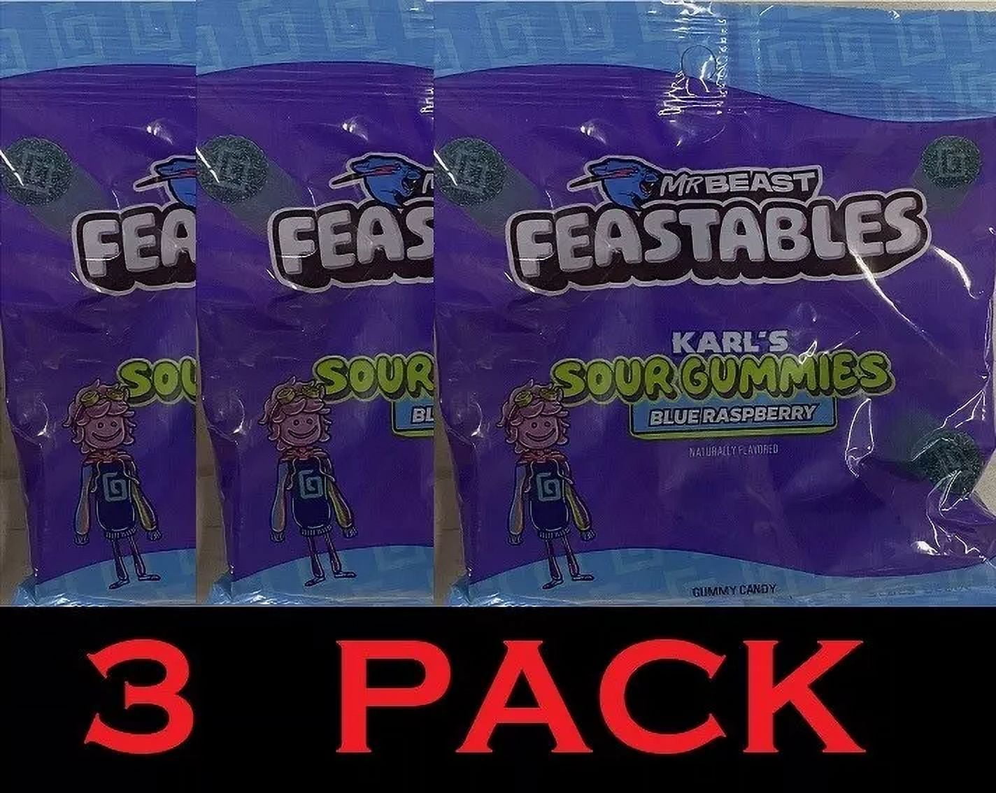 3x Mr Beast Feastables KARL'S Blue Raspberry SOUR GUMMIES 3.52 oz Bag - 3 PACK