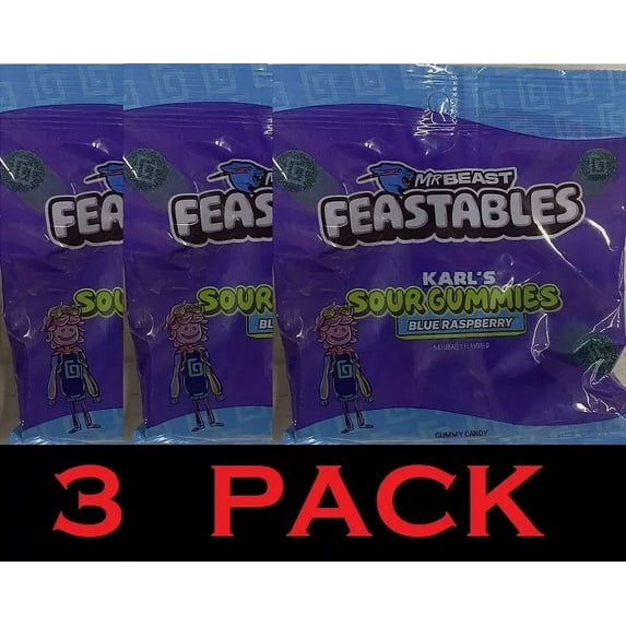 3x Mr Beast Feastables KARL'S Blue Raspberry SOUR GUMMIES 3.52 oz Bag - 3 PACK