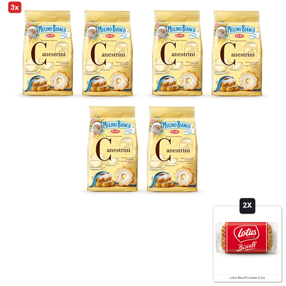 3x | Mulino Bianco:"Canestrini" Biscuits With Icing Sugar - 7.05 Oz (200G) Pack Of 2 [ Italian Import ] & 2x Lotus Biscoff Cookies 0.2oz