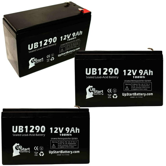 3x Pack - Compatible Gs PE12V9FZ Battery - Replacement UB1290 Universal Sealed Lead Acid Battery (12V, 9Ah, 9000mAh, F1 Terminal, AGM, SLA) - Includes 6 F1 to F2 Terminal Adapters