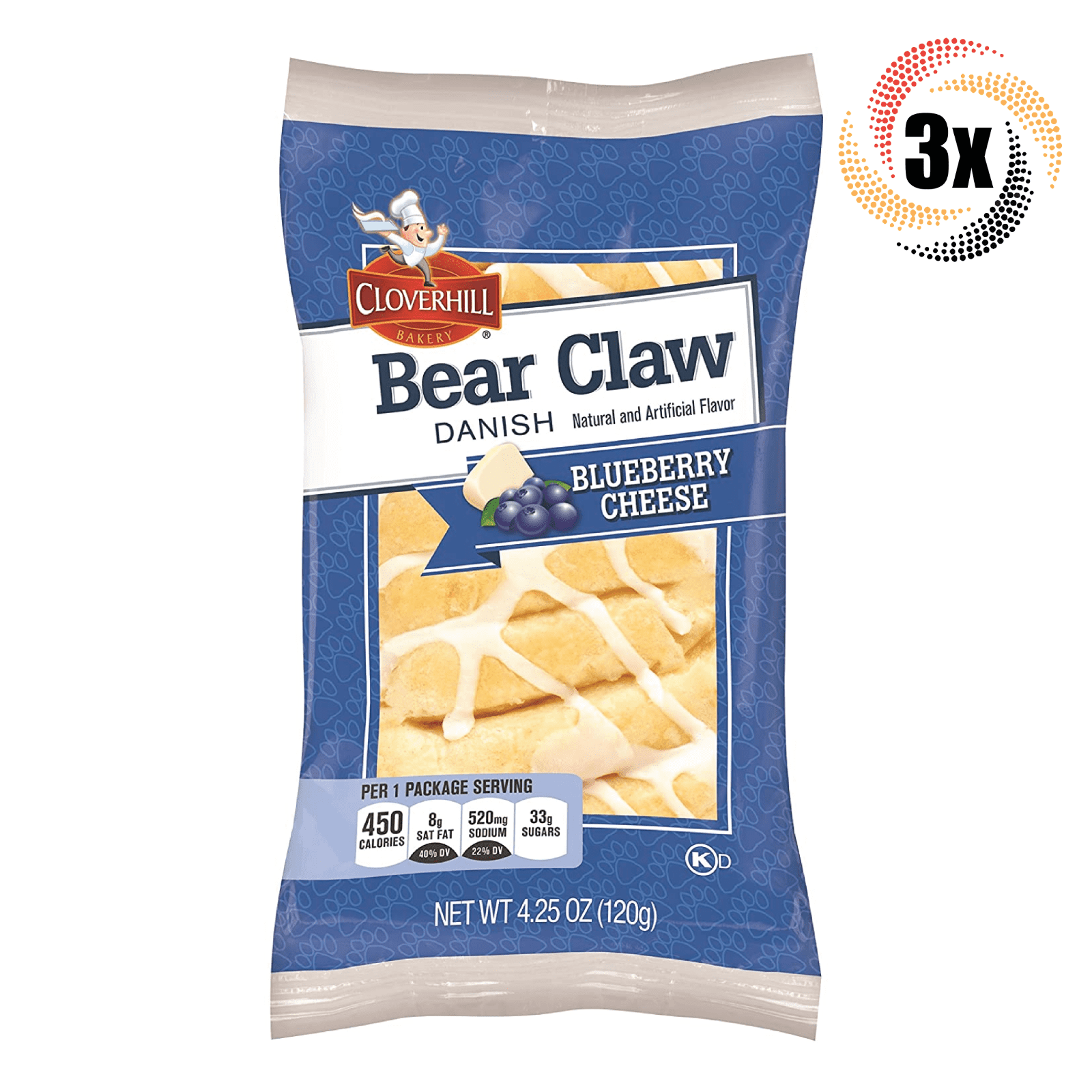 3x Packs Cloverhill Bakery Bear Claw Danish Blueberry Cheese Flavor 4