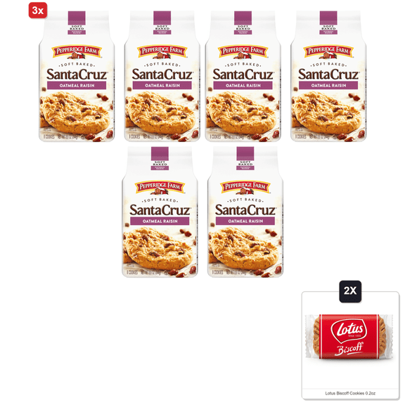 3x | Pepperidge Farm Santa Cruz Soft Baked Oatmeal Raisin Cookies, 8.6 Oz. Bag (Pack Of 2) & 2x Lotus Biscoff Cookies 0.2oz