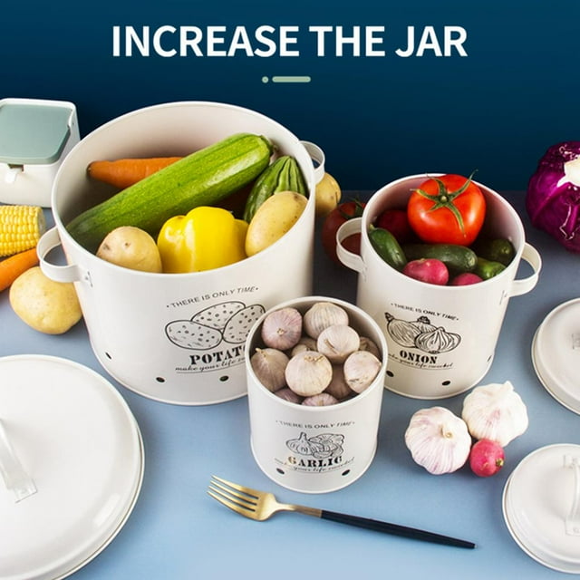 3x White Retro Vegetable Storage Tins With Lids Potato, Onion, Garlic