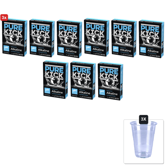 3x | Pure Kick Alkaline - Singles To Go - Pack Of 3-6 Packets In Each Box - Unflavored And Unsweetened - Enhance Your Hydration - 18 Servings & 3x 16oz Plastic Cup with Strawless Sip-Lid