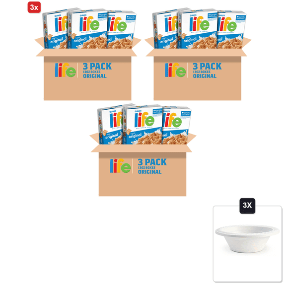 3x | Quaker Life Breakfast Cereal, Original, 13 oz (3 Pack) & 3x 12oz Disposable Plastic Bowl