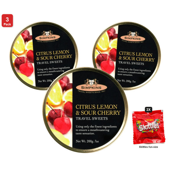 3x | Simpkins Citrus Lemon and Sour Cherry 6 Packs x 200 g Each, with 2 Skittles Fun Size