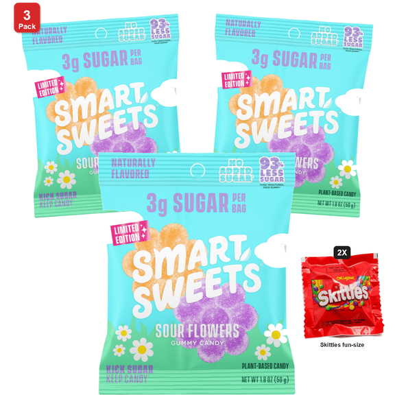 3x | SmartSweets Sour Flowers Gummy Candy, 14 Packs x 50 g Each, with 2 Skittles Fun Size