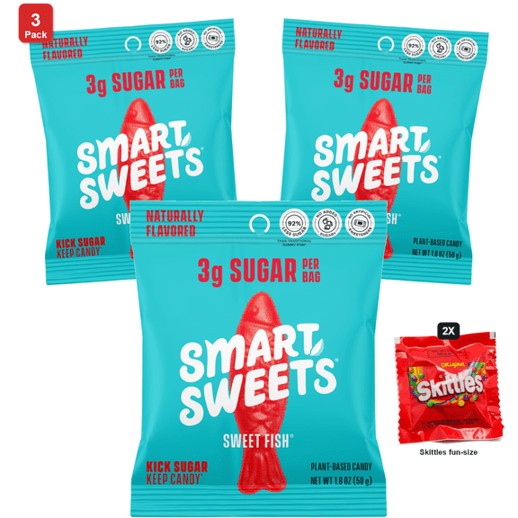 3x | SmartSweets Sweet Fish Gummy Candy, 12 Packs x 1.8 oz Each, with 2 Skittles Fun Size