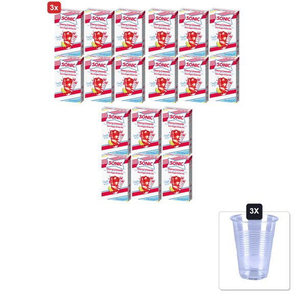 3x | Sonic Singles To Go! Sonic Singles To Go Powdered Drink Mix, Cherry Limeade, 6 Sticks Per Box,(Pack Of 6) & 3x 16oz Plastic Cup with Strawless Sip-Lid