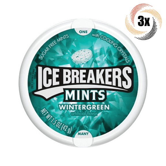 3x Tins Ice Breakers Wintergreen Flavor | 50 Mints Per Tin | 1.5oz | Sugar Free