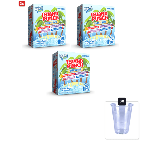 3x | Wylers Light Island Punch Singles To Go, Variety Pack, Fruity Red Punch, Purple Berry Wave, Berry Jammer And Blue Ocean Breeze, 1 Box (40 Serving) & 3x 16oz Plastic Cup with Strawless Sip-Lid