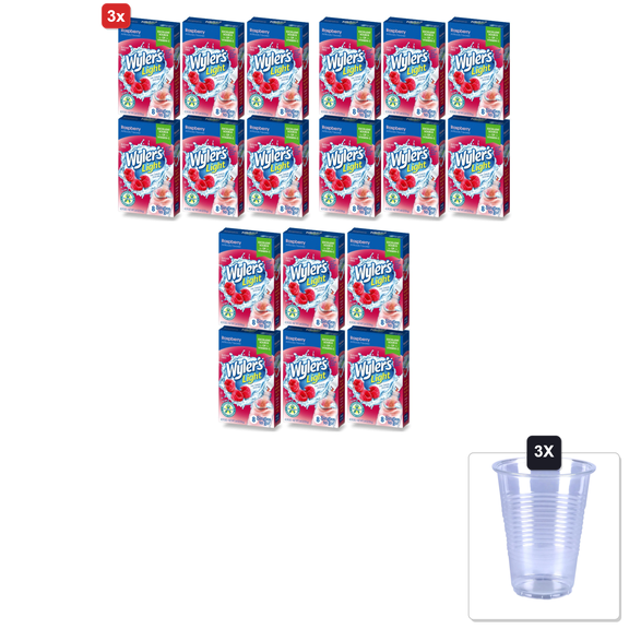 3x | Wylers Light Singles To Go Drink Mix, Raspberry, 6 Pack (48 Drink Sticks Total) & 3x 16oz Plastic Cup with Strawless Sip-Lid