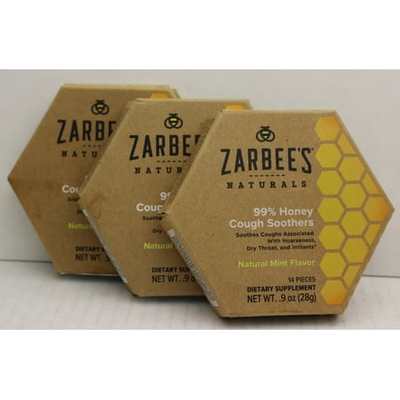 (3x)Zarbee's Naturals Honey Cough Soothers, Natural Mint, 14 Ct. - Exp 07/2018+