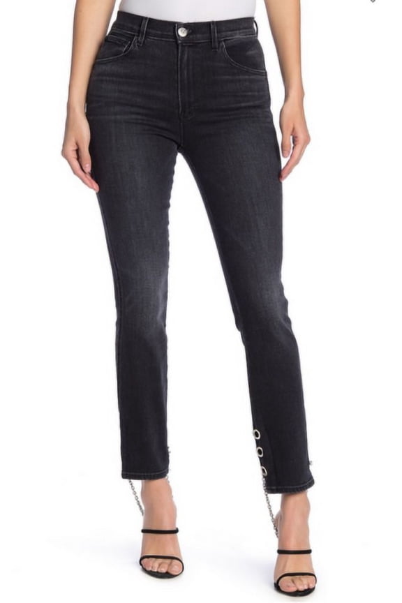 Women's INK BLACK Bijou Hi Rise Straight Slim Grommet Ankle Jeans, 31