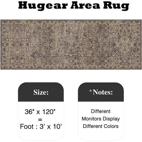 3x10 Runner Rug Hallway Retro Brown Machine Washable Vintage Floral Low Pile Carpet Vacuumable Distressed Long Throw Rug Bedroom Office Bathroom Kitchen Laundry Non Slip Soft Lightweight