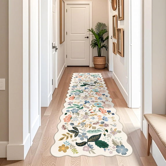 3x10 Washable Hallway Runner Rug: Long Floral Scalloped Soft Runners For Kitchen Entryway Non Slip Bathroom Floor Mat 10ft Water Resistant Low Pile Carpet Living Room Bedroom(3x10 Cream)