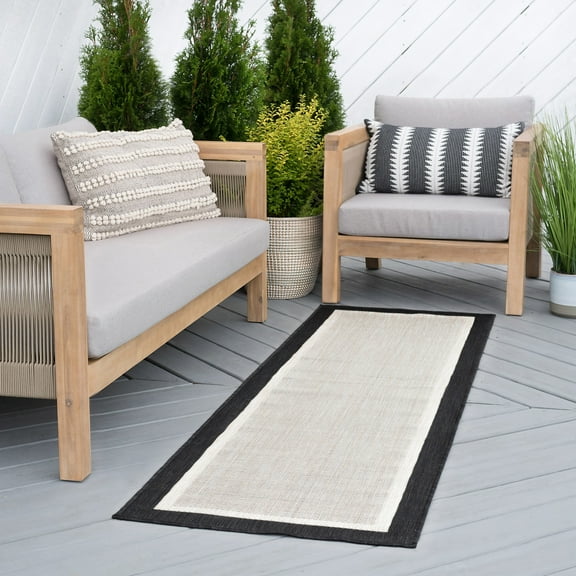3x10 Water Resistant, Indoor Outdoor Runner Rugs for Patios, Hallway, Entryway, Deck, Porch, Balcony or Kitchen | Outside Area Rug for Patio | Black, Solid Border | Size: 2'8'' x 9'10''