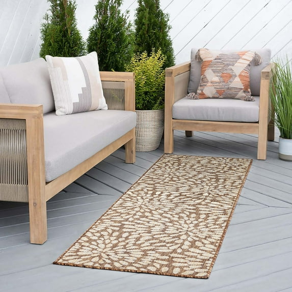 Bliss Rugs Floral Indoor Outdoor Rug Water Resistant Runner Rug for Patio, Hallway, Entryway, Deck, Brown ,3' x 10'
