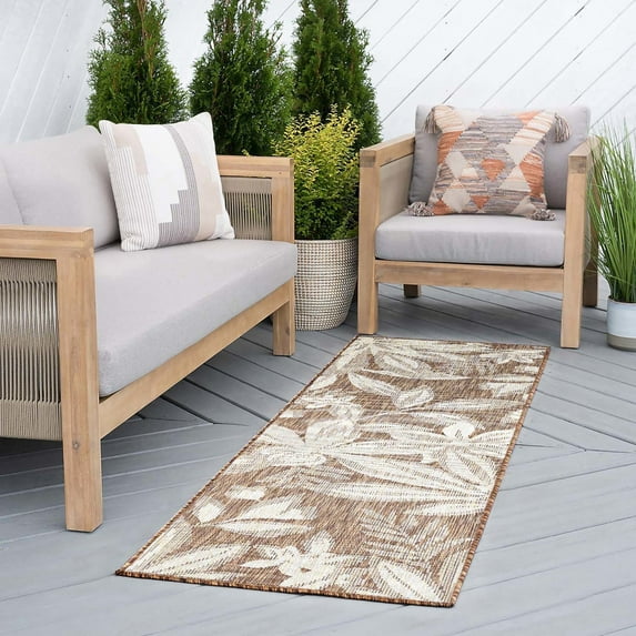 Bliss Rugs Floral Indoor Outdoor Rug Water Resistant Runner Rug for Patio, Hallway, Entryway, Deck, Brown ,3' x 10'
