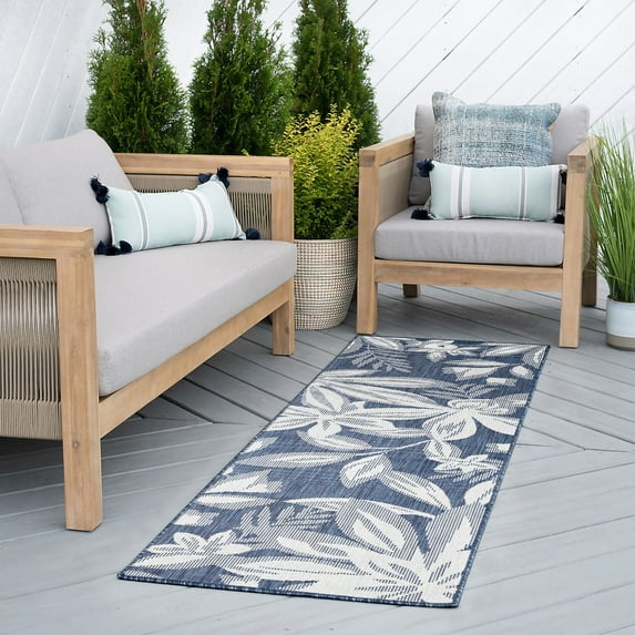 Bliss Rugs Floral Indoor Outdoor Rug Water Resistant Runner Rug for Patio, Hallway, Entryway, Deck, Navy ,3' x 10'